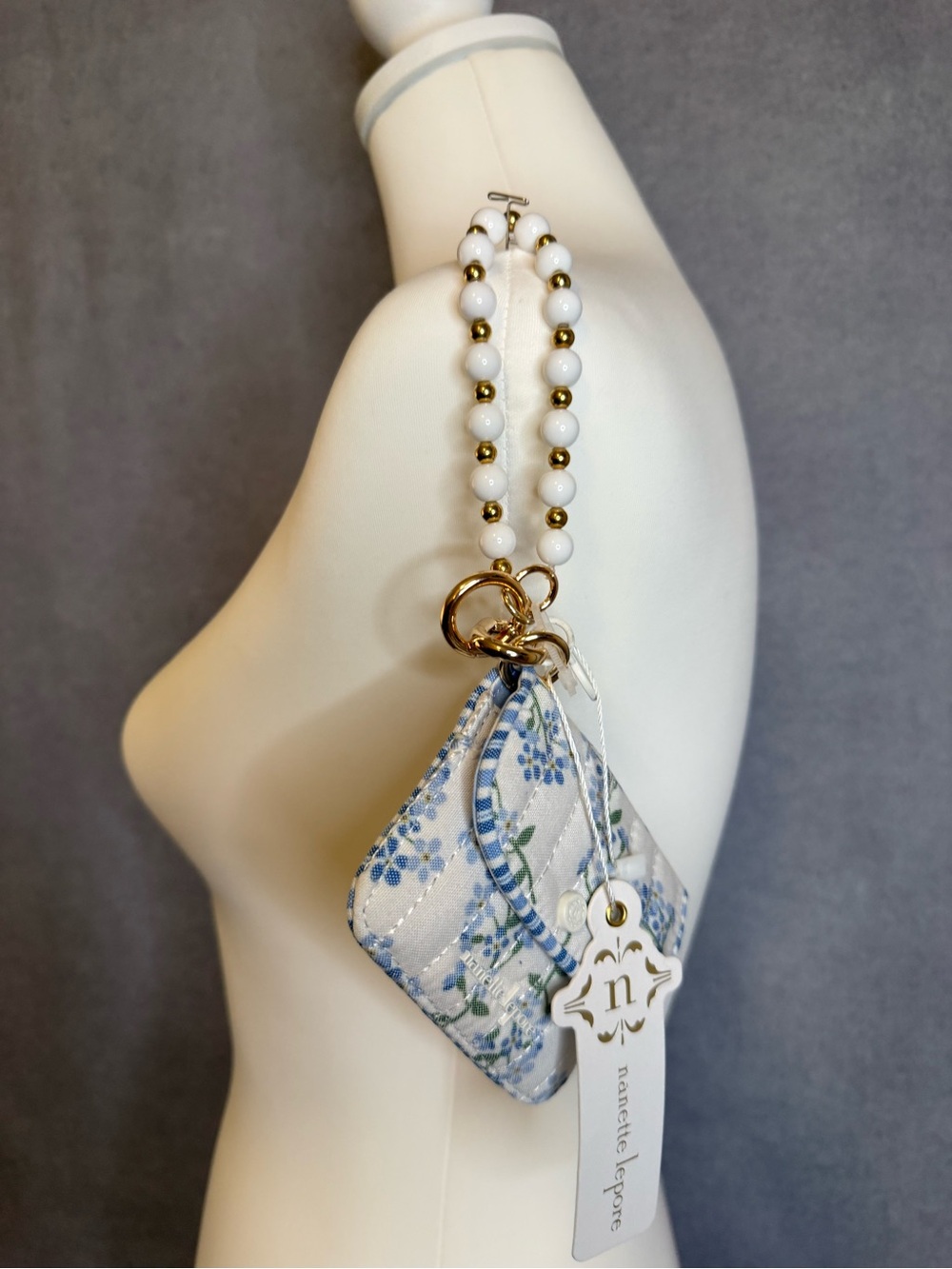 Nanette Lepore Blue and White Floral Beaded Wristlet Keychain NWT